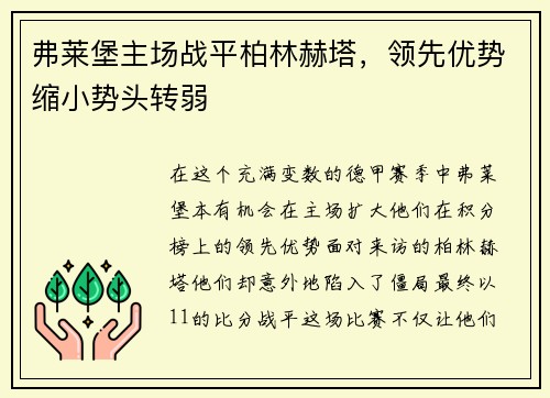弗莱堡主场战平柏林赫塔，领先优势缩小势头转弱